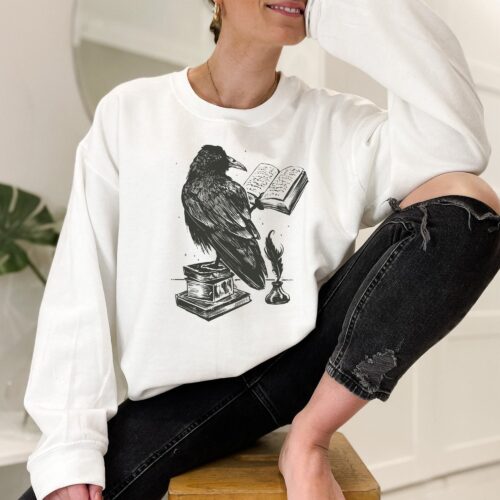 Raven Bird Reading Book Lover Teacher Magic Sweatshirt image 0