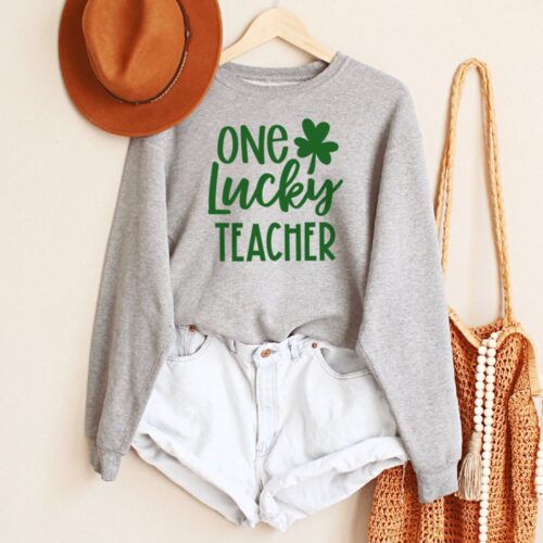 St Patricks Day One Lucky Teacher Four Leaf Clover Sweatshirt image 0