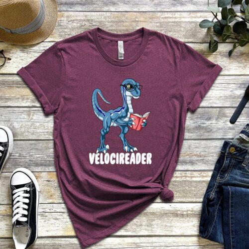 Velociraptor Dinosaur Reading Book Teacher Cute Funny Shirt image 1