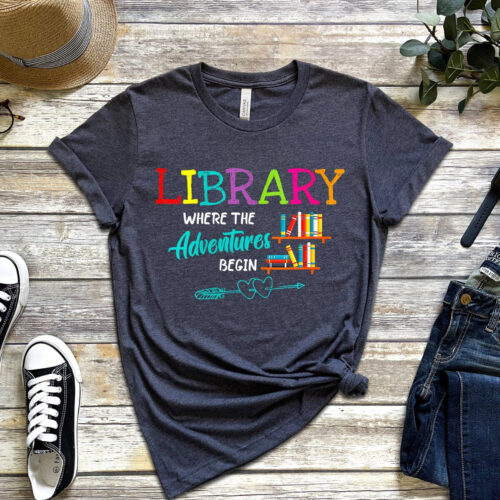 Library Where the Adventure begin Book Librarian Lover Reading Teacher Shirt image 0