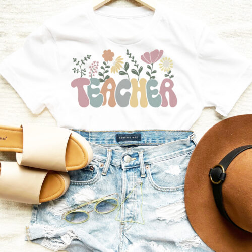 Retro Flower Teacher Floral Cute Funny Kindergarten School Shirt image 0