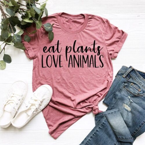 Eat Plants Love Animals Vegan Herbivore Cute Funny Shirt image 0