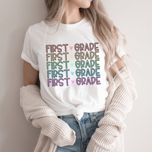 First Grade Teacher Heart Back To School Student Shirt image 0