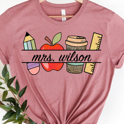 Customized Name Teacher Kindergarten Elementary Apple Shirt image 0