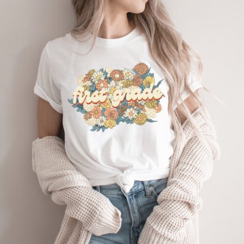 Retro First Grade Teacher Floral Flowers Cute Shirt image 0