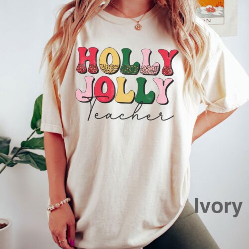 Holly Jolly Teacher Christmas Cute Funny Holidays Shirt image 0