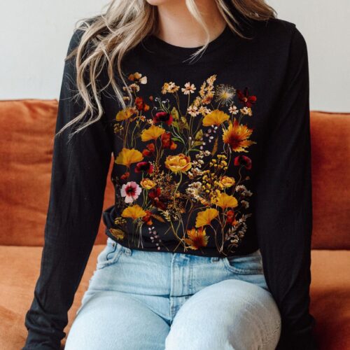 Vintage Autumn Pressed Flowers Floral Fall Dried Botanical Forest Garden Shirt image 0