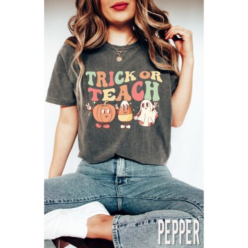 Retro Teacher Halloween Trick or Teach Cute Party Fall Appreciation Shirt image 0