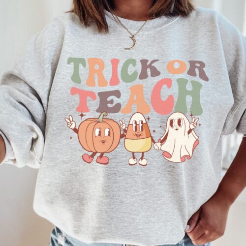 Retro Halloween Trick Or Teach Cute Party Fall Appreciation Sweatshirt image 0