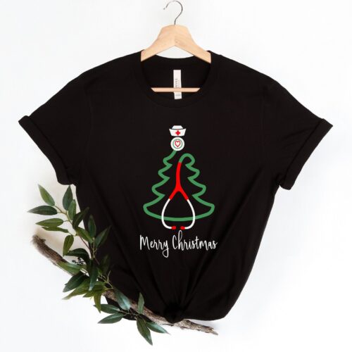 Christmas Nurse One Merry School Santa Stethoscope RN Cute Shirt image 0