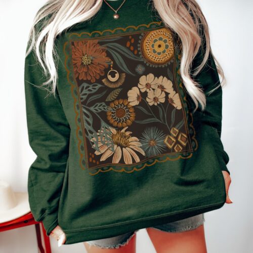 Boho Floral Fall Flowers Nature Garden Lover Hippie Botanical Sweatshirt image 0