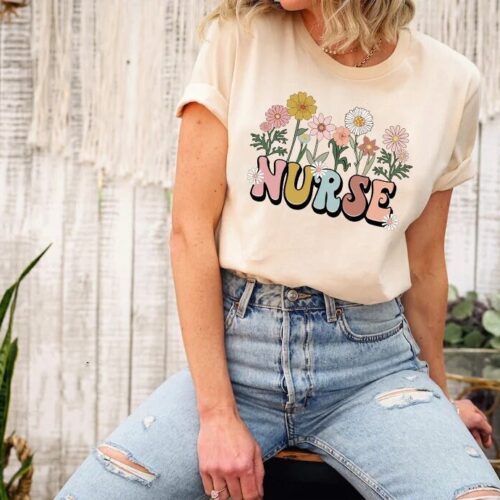 Wildflowers Nurse RN School Pediatric Flower Floral Shirt image 0