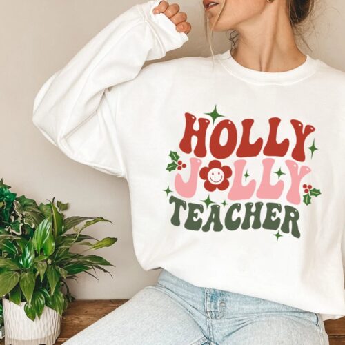 Christmas Holly Jolly Teacher Cute Holiday Class Party Santa Smile Elf Snowman Sweatshirt image 0