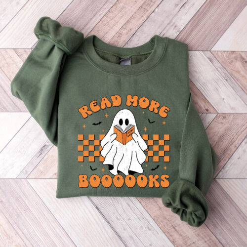 Retro Read More Books Spooky Teacher Cute Halloween Fall Back To School Sweatshirt image 0