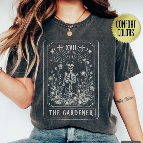 Gardener Skeleton Tarot Card Halloween Garden Lovers Friend Witchy Shirt image 0