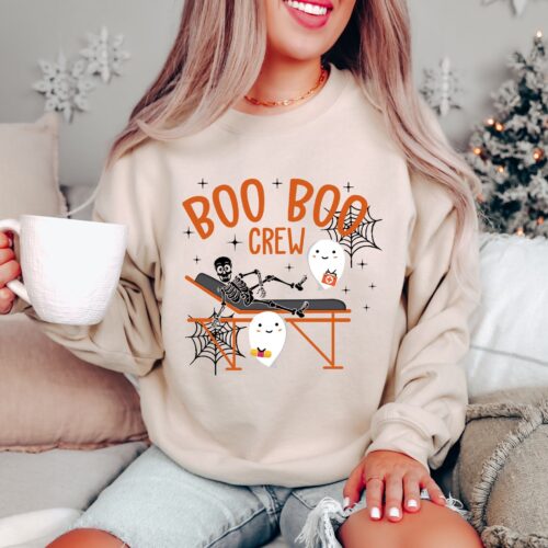 Boo Boo Crew Nurse Skeleton Ghost Spooky Halloween Fall Scary Vibes Sweatshirt image 0