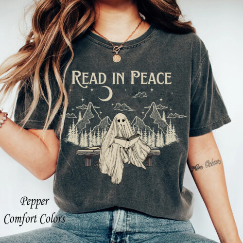 Book Lover Halloween Funny Ghost Nerd Teacher Librarian Spooky Season Shirt image 0