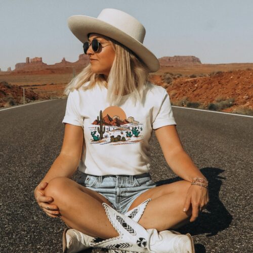 Desert Cactus Plants Road Trip Adventure Arizona Scene Western Women Shirt image 0