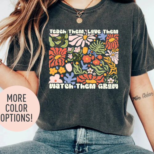 Retro New Teach Them Love Them Watch Them Grow Floral Teacher Life Shirt image 0