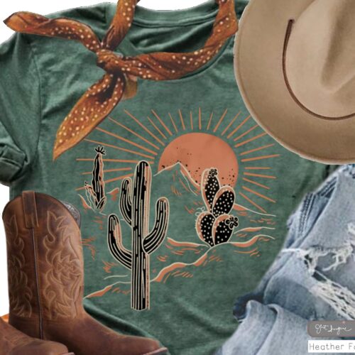 Desert Sunrise Adventure Travel Summer Cactus Plants Cowgirl Scene Shirt image 0