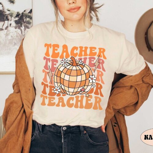 Retro Teacher Fall Vibes Pumpkin Back To School Autumn Appreciation Shirt image 0