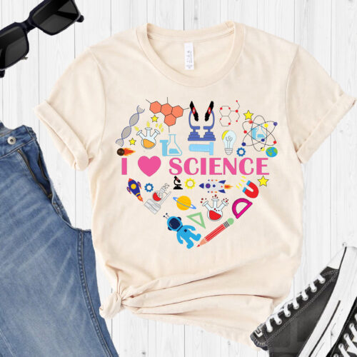 I Love Science Teacher Heart Astronomy Biology School Physics Shirt image 0