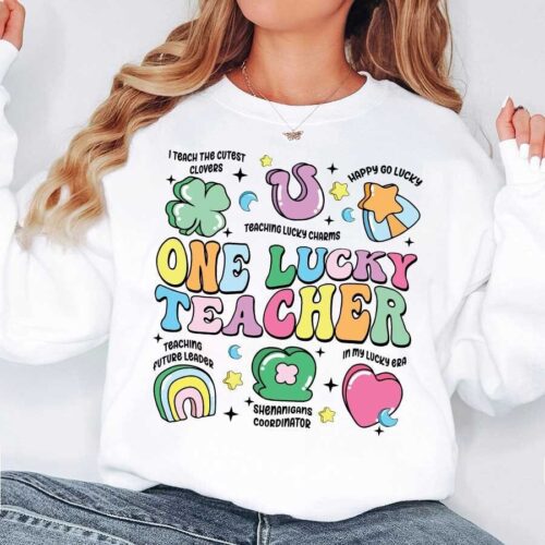 Retro St Patrick's Day One Lucky Teacher Shamrock Appreciation Shirt image 0