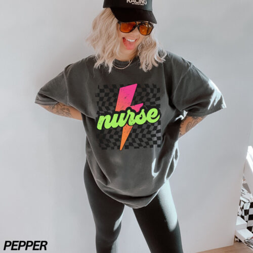 Retro Neon Nurse Checkered Lightning Bolt RN Life Cute Shirt image 0