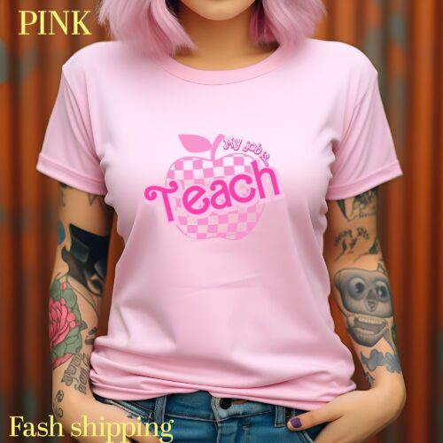 Retro My Job is Teach Pink Trendy Back To School Appreciation Checkered Shirt image 0