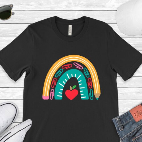 Custom Teacher Rainbow School Kindergarten Life Apple Cute Shirt image 0