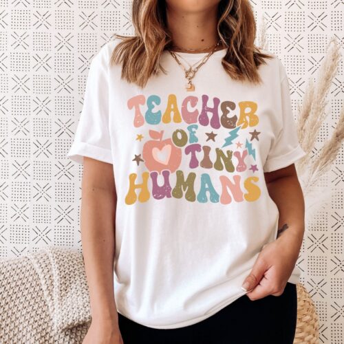 Teacher Of Tiny Humans Preschool Heart Cute Apple Shirt image 0