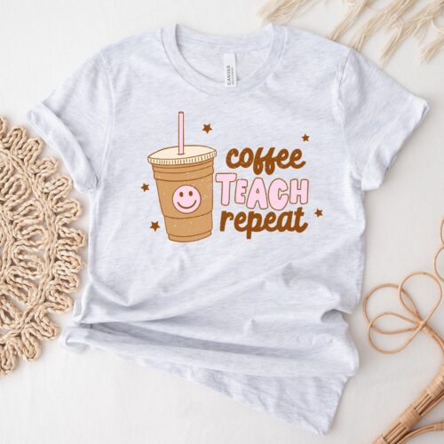 Retro Coffee Teach Repeat Cute Trendy Back To School Shirt image 0