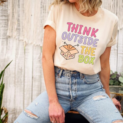 Think Outside The Box Teacher Cute Art English School Shirt image 0