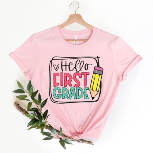 Hello First Grade Back To School Rainbow Teacher Pen Shirt image 0