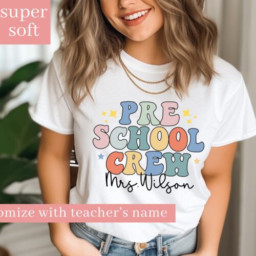 Personalized Preschool Teacher Crew Squad Cute Team Shirt image 0