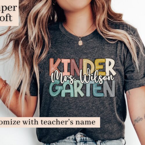 Retro Kindergarten Teacher Custom Name Cute Crew Shirt image 0