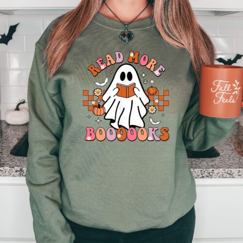 Retro Read More Books Spooky Cute Teacher Halloween Fall Back To School Sweatshirt image 0