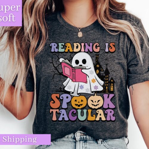 Ghost Reading Teacher Halloween Librarian Book Lover Shirt image 0