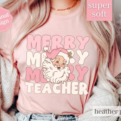 Retro Merry Teacher Pink Teams Holiday Santa Trendy Xmas Pink Shirt image 0