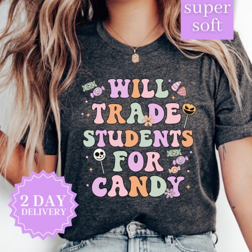 Teacher Halloween Express Delivery Spooky Will Trade Students For Candy Shirt image 0