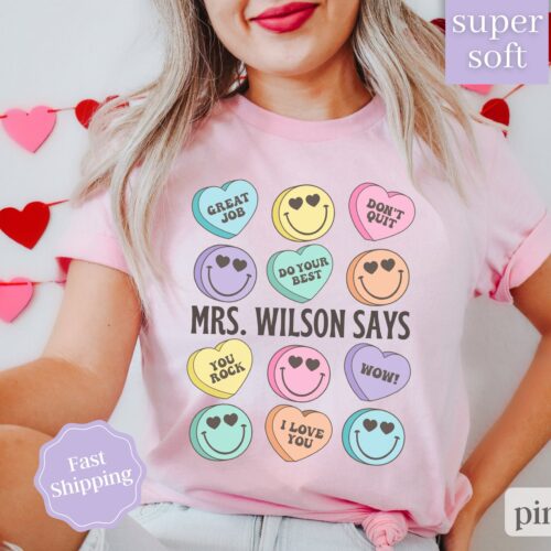 Custom Teacher Candy Heart Valentines Day Cute Shirt image 0