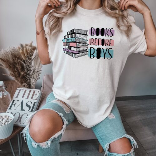 Books Before Boys Trendy Cute Reading Literature Teacher College Girl Shirt image 0