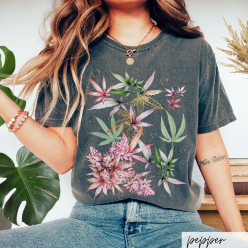 Marijuana Plant Artsy Stoner Weed Cute Girlfriend Pink Shirt image 0