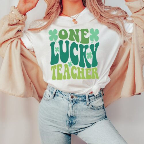 Retro St Patrick's One Lucky Teacher Four Leaf CloverShirt image 0