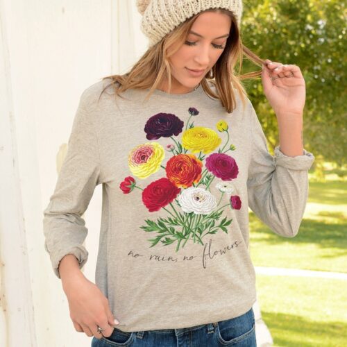 Vintage No Rain No Flowers Long Floral Botanical Garden Shirt image 0